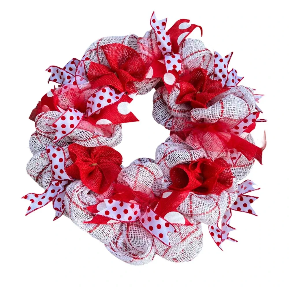 Handmade Red and White Deco Mesh Wreath Polka Dot Burlap Valentine Decor 21in